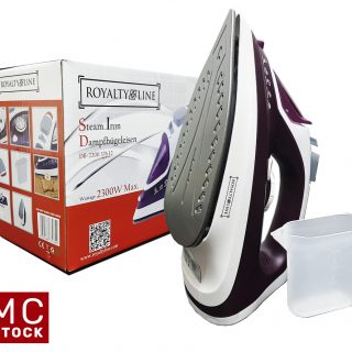 The electric steam iron, from the company Royalty Line, has a non-stick ironing board with ceramic coating