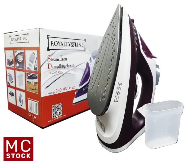 The electric steam iron, from the company Royalty Line, has a non-stick ironing board with ceramic coating