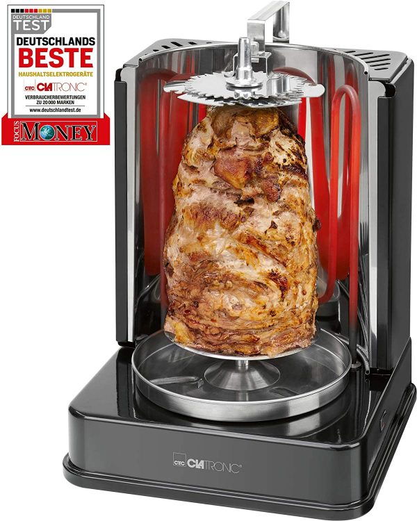 Clatronic 3-in-1 Vertical Kebab Multigrill , for Kebab, Chicken, and Gyros, with Stainless Steel Grease Collection Container, 1400 W, Black