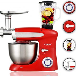 DMS KMFB-1900 3-in-1 Best food processor mixing machine, 6.5 litres stainless steel bowl, splash guard, stand mixer, ice crusher, mincer, dough kneader, 6 speed, 1900 watts,Red