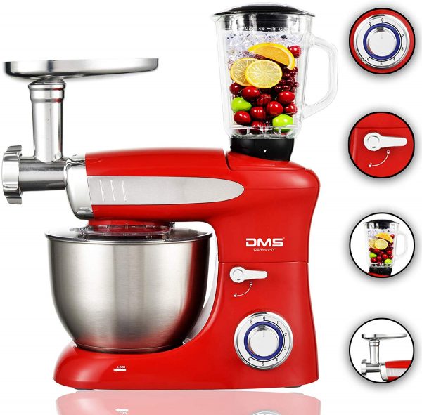 DMS KMFB-1900 3-in-1 Best food processor mixing machine, 6.5 litres stainless steel bowl, splash guard, stand mixer, ice crusher, mincer, dough kneader, 6 speed, 1900 watts,Red