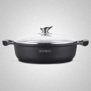Royalty Line 28CM Marble Coating Shallow Pot With Glass Lid – Black Induction