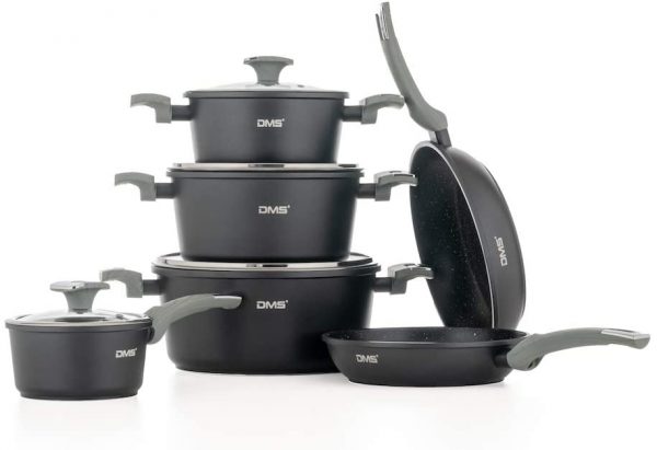 DMS® TSM4010 Induction Cookware Set Pots Pans Set  with Glass Lid 10 Pieces Black