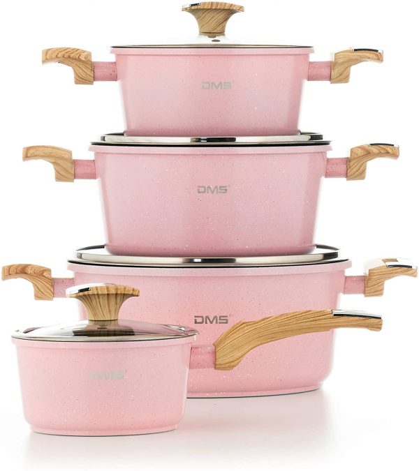 DMS® TSM4010 Induction Cookware Set Pots Pans Set  with Glass Lid 10 Pieces Pink - Image 2
