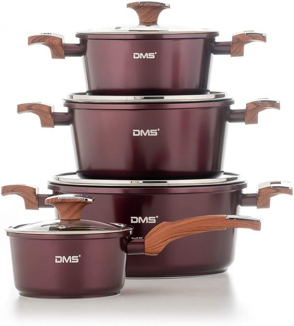 DMS® TSM4010 Induction Cookware Set Pots Pans Set  with Glass Lid 10 Pieces Burgundy - Image 2