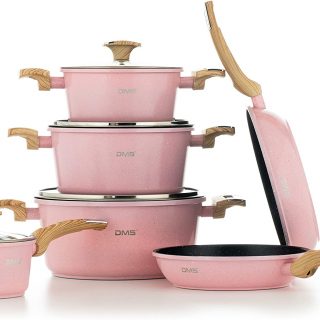 DMS® TSM4010 Induction Cookware Set Pots Pans Set  with Glass Lid 10 Pieces Pink