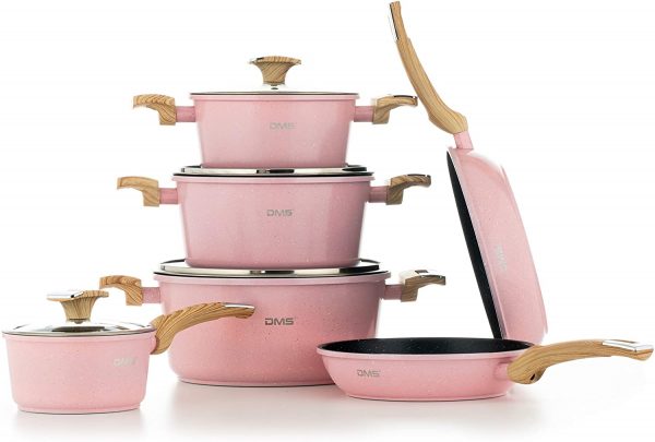 DMS® TSM4010 Induction Cookware Set Pots Pans Set  with Glass Lid 10 Pieces Pink