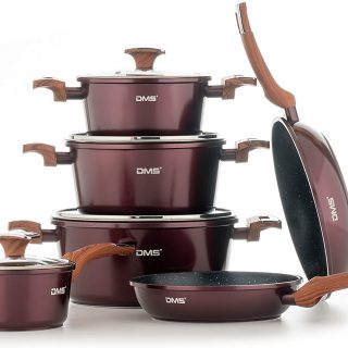 DMS® TSM4010 Induction Cookware Set Pots Pans Set  with Glass Lid 10 Pieces Burgundy