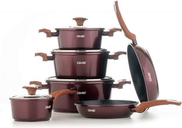 DMS® TSM4010 Induction Cookware Set Pots Pans Set  with Glass Lid 10 Pieces Burgundy