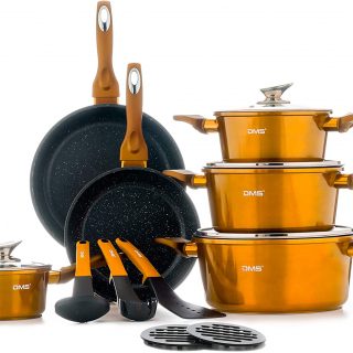 DMS® 15-Piece Induction Cookware Cooking Set - Pots Pans Set with Glass Lid Copper