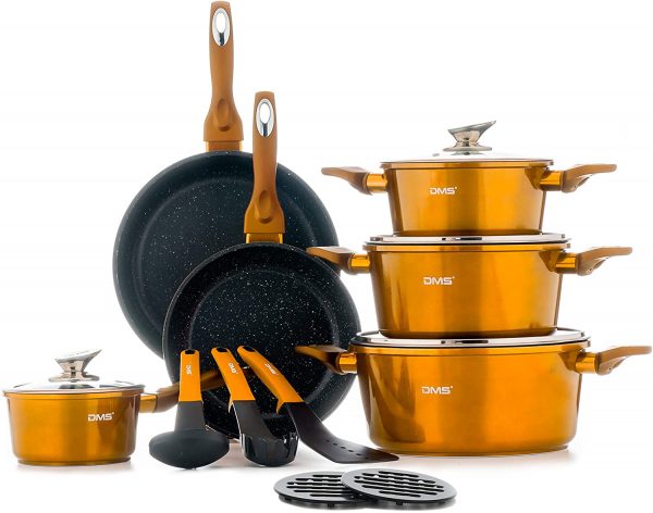 DMS® 15-Piece Induction Cookware Cooking Set - Pots Pans Set with Glass Lid Copper
