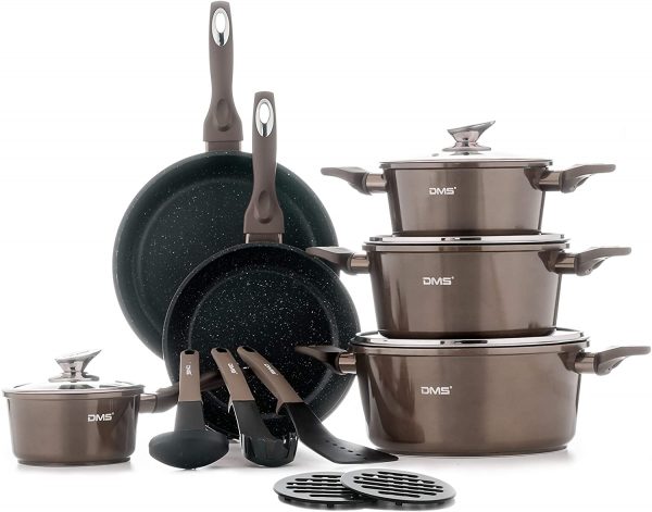 DMS® 15-Piece Induction Cookware Cooking Set - Pots Pans Set with Glass Lid Carbon Black