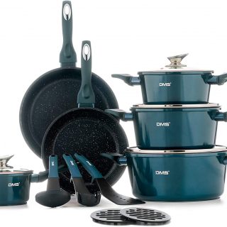 DMS® 15 Piece Induction Cookware Cooking Set - Pots Pans Set with Glass Lid Blue