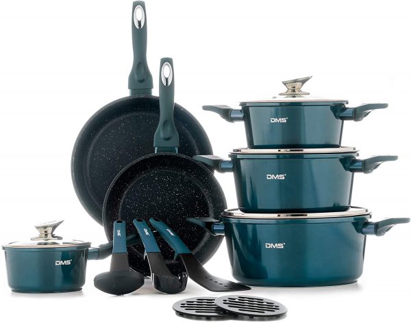 DMS® 15 Piece Induction Cookware Cooking Set - Pots Pans Set with Glass Lid Blue