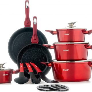 DMS® 15 Piece Induction Cookware Cooking Set - Pots Pans Set with Glass Lid Red