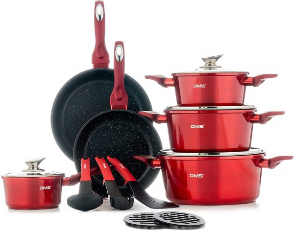 DMS® 15 Piece Induction Cookware Cooking Set - Pots Pans Set with Glass Lid Red