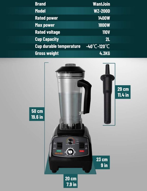 WantJoin Professional Blender, Countertop Blender ,Blender for kitchen Max 1800W High Power Home and Commercial Blender with Timer, Smoothie Maker 2200ml for Crushing Ice, Frozen Dessert, Soup,fish - Image 2