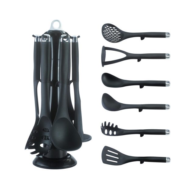 Royalty Line RL-U07: 7 Pieces Black Kitchen Tools With Storage Base